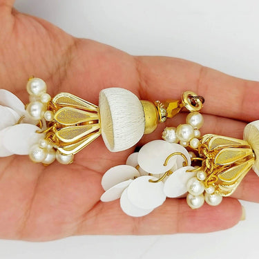 Handcrafted White And Gold Tassels Latkan In White Sequins and Pearl Beads, Indian Latkans, Sewing Latkans